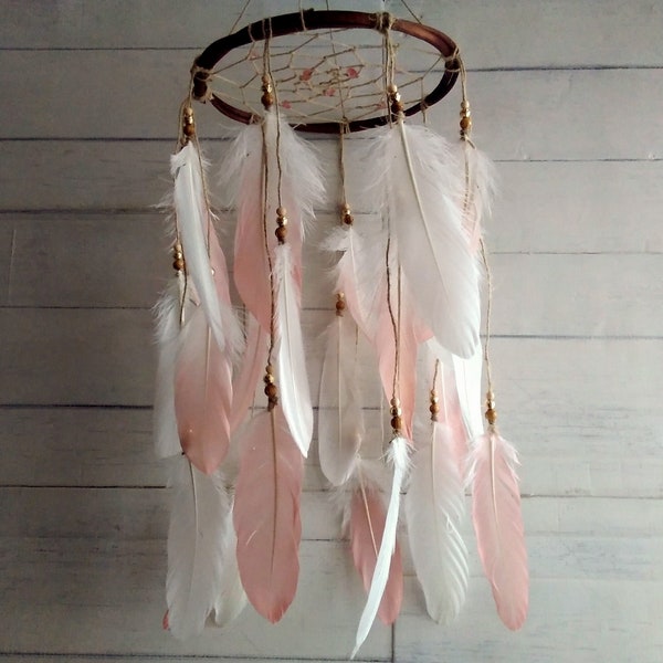 Dream catcher mobile boho girl white coral pink feather rustic tribal nursery dreamcatcher Aztec baby shower Native American kids playroom