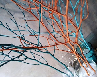 Tree branches teal/ burnt orange painted natural decorative wood twigs for home decor modern minimalist rustic woodland interior accent idea