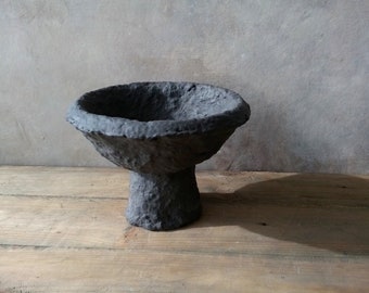 Paper mache bowl small black pedestal bowl textured decorative Japandi interior decor wabi sabi rustic primitive sustainable trinket dish