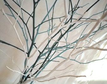 Painted Tree Branches Vase Filler: Teal & White Minimalist Home Decor