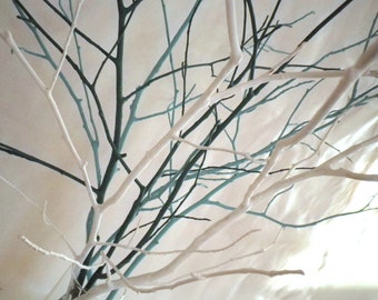 Tree branches home decor vase filler, set of 7 teal/ light teal/ white painted wood branches, minimalist interior decoration, home accent