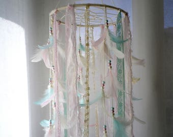 Baby mobile girl boho nursery dream catcher mobile crib mobile ivory cream pink mint feather mobile lace ribbon mobile baby shower mobile