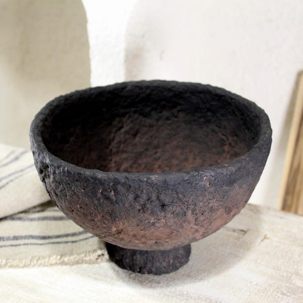 Paper mache pedestal bowl: Black Brown Wabi Sabi Vessel