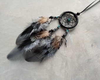 Mini Dreamcatcher Car Charm: Black, Gray, Taupe Feathers, Tribal Ornament