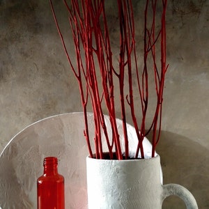 May include: A white ceramic mug with a handle, filled with red painted twigs. The mug is sitting on a white textured surface. A red glass bottle is in the foreground.