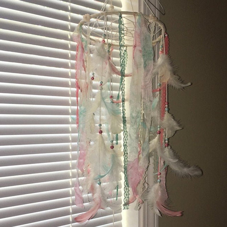 Baby girl mobile dream catcher mobile ivory coral mint mobile boho nursery dreamcatcher mobile, crib mobile, feather mobile baby shower gift image 8