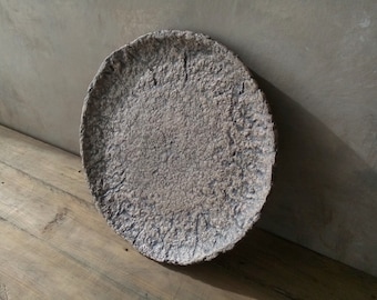 Paper mache plate taupe organic textured decorative handmade round tray wabi sabi rustic primitive style table centerpiece statement piece