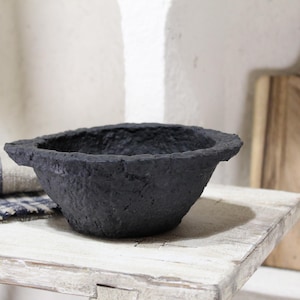 Handmade Paper Mache Bowl: Black Rustic Wabi Sabi Decor