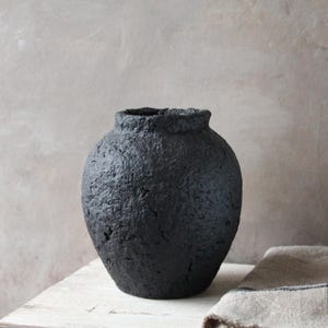 Black Paper Mache Vase: Handmade Rustic Wabi Sabi Vessel