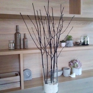 May include: A wooden shelf unit with three shelves, featuring a vase with black branches, two glass bottles, a glass jar, a small wooden box, a clock, and various potted plants.