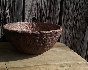 Paper mache bowl antique style aged copper color textured decorative vessel vabi sabi Japandi aesthetic rustic primitive interior accent