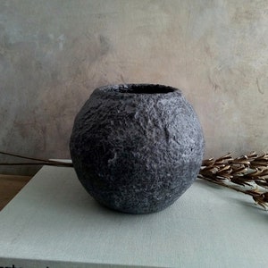 Paper mache vase black dark grey textured decorative round handmade vessel wabi sabi style rustic primitive modern minimalist interior decor