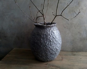 Paper mache vase grey metalic color textured decorative handmade vessel for dry flowers modern minimalist interior accent sustainable decor