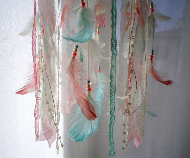 Baby girl mobile dream catcher mobile ivory coral mint mobile boho nursery dreamcatcher mobile, crib mobile, feather mobile baby shower gift image 3