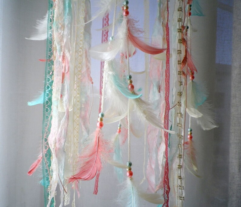 Baby girl mobile dream catcher mobile ivory coral mint mobile boho nursery dreamcatcher mobile, crib mobile, feather mobile baby shower gift image 5