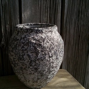 Paper mache vase black grey natural stone inspired handmade organic textured vessel wabi sabi rustic primitive sustainable interior accent