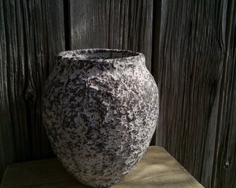 Paper mache vase black grey natural stone inspired handmade organic textured vessel wabi sabi rustic primitive sustainable interior accent