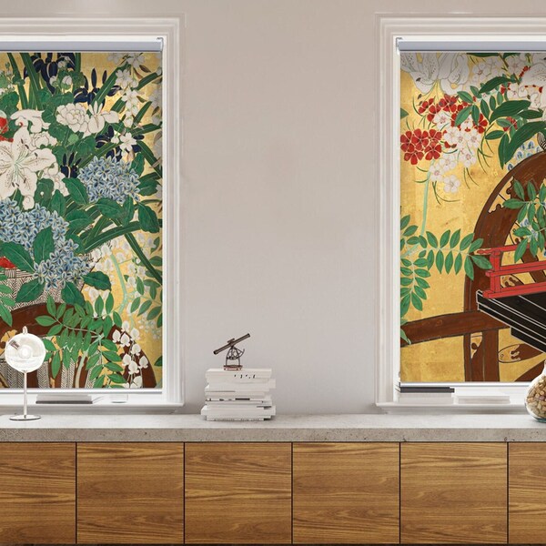 Japanese oriental print art, chinoiserie image, chain or cordless blind, custom made window roller shade (JP57) regular or blackout shade