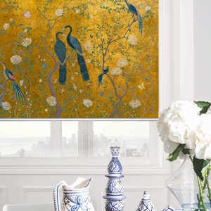 Classic Chinoiserie floral decor in rustic yellow bronze background custom made printed (ETHN05) window roller blind