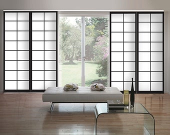 Sistema de sombreado de panel deslizante japonés (4 piezas, herrajes incluidos), diseño de interiores, sistema de panel decorativo ciego impreso