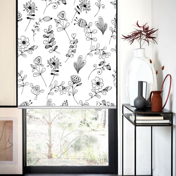 Modern floral drawing black and white patterned image custom made printed (FL80) window roller blind, all window sizes, regular or blackout