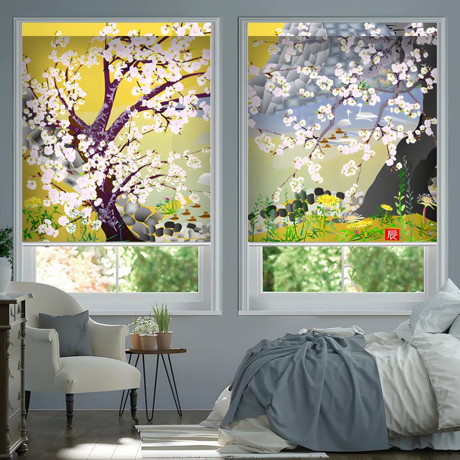 Spring Window Blinds Blossomed Plum Trees Spring Floral Art in 2 Versions Custom Made ...