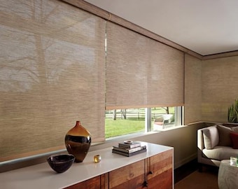 Woven wood natural fibre basket weave custom made opaque light filtering (NAT70) roller shades - CRETE collection