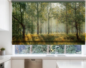 Sunrays hitting the forest summer landscape printed custom made window (VNT90) roller blind, regular or blackout shade, chain or cordless