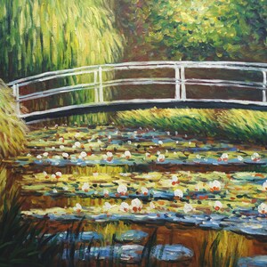 May include: A painting of a white bridge over a pond with water lilies. The bridge is made of metal and has a wooden deck. The pond is filled with water lilies and the water is a light blue color. The background is a green forest.