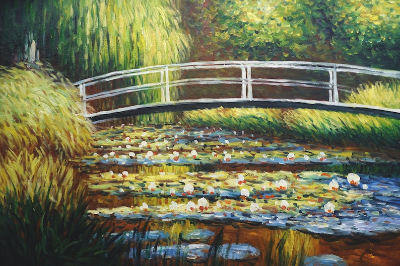May include: A painting of a white bridge over a pond with water lilies. The bridge is made of metal and has a wooden deck. The pond is filled with water lilies and the water is a light blue color. The background is a green forest.