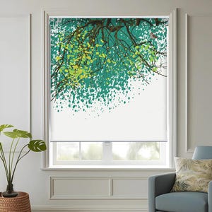 May include: A white roller blind with a green and yellow tree branch design. The design features a small bird perched on a branch.