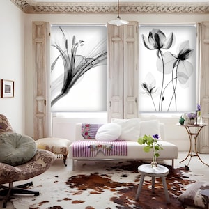 Modern floral in black & white tones minimal art custom made printed (BW95) window roller blind regular or  blackout shade or printed panel