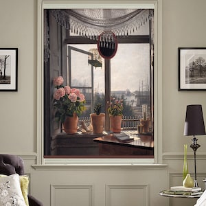 May include: A painting of a window with a view of a harbor. The window is open and there are plants on the windowsill. There is a birdcage hanging from the top of the window. The painting is in a brown frame.