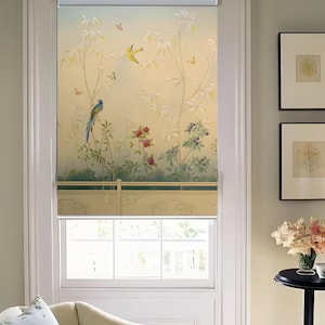 Elegante imagen escénica de estilo chinoiserie en paleta de colores pastel, hecha a medida, impresa (ART20), estor enrollable para ventana, normal, opaco o lienzo para pared