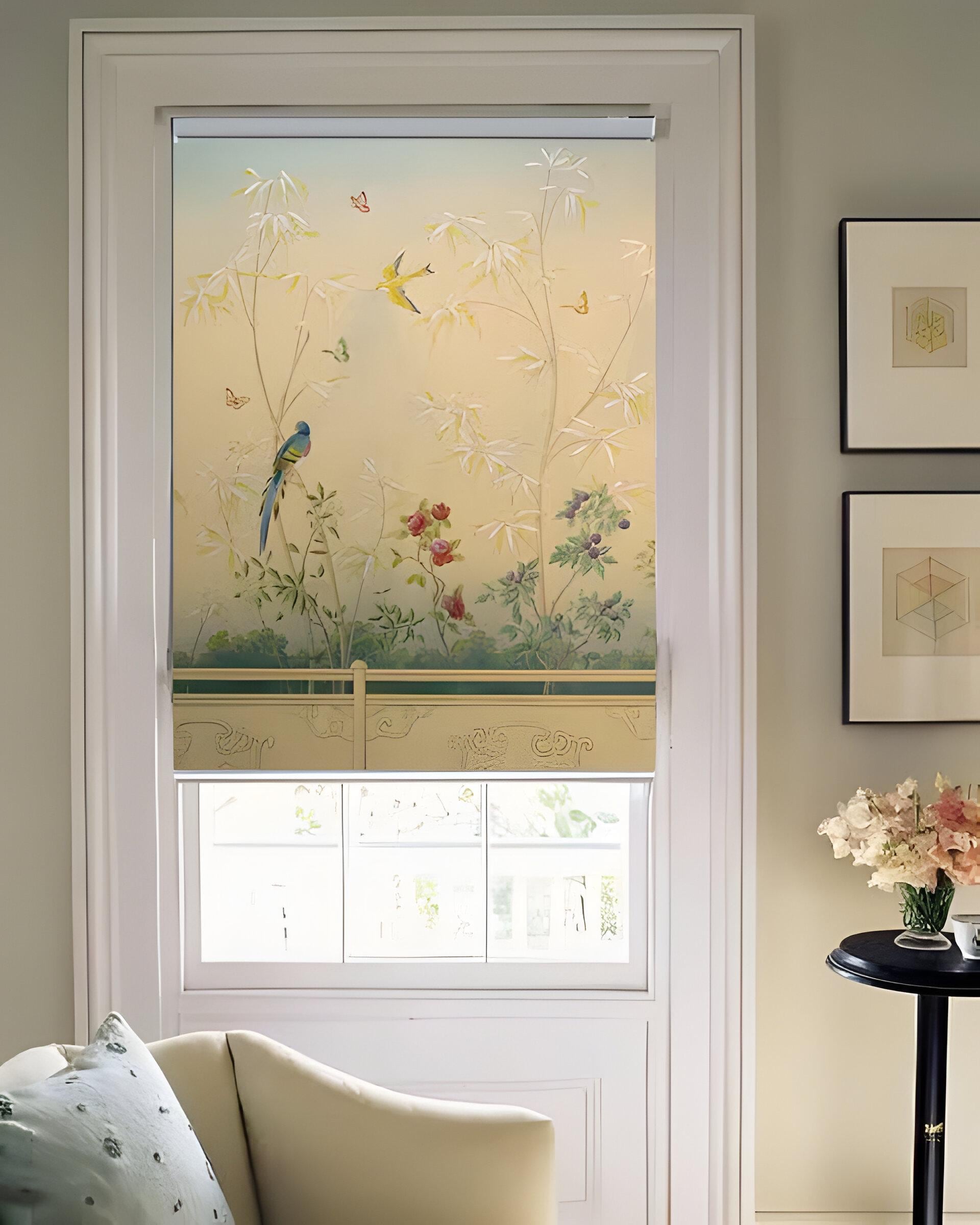Chinoiserie elegant scenic image in pastel palette custom made printed (ART20) window roller blind regular & blackout or wall canvas
