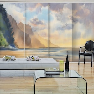 Stormy sky by the sea watercolored natural landscape curtain panel sliding room divider or window shading (PN-101) custom made printed panel