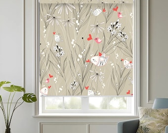 Love birds in minimal floral design patterned image custom made printed (FL202) window roller blind, all window sizes, regular or blackout