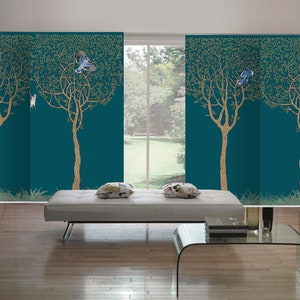 Birch tree on emerald blue background Curtain Panel (4-piece incl. hardware) room divider shading system Interior design  printed  panel