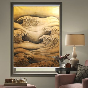 Japanese waves in rustic golden colors handpainted art work custom made printed window (JAP07) roller shade or panel