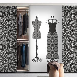 Wardrobe's sliding printed panels, female figures, fashion dummies, custom made printed panel system, room divider or window shading panels