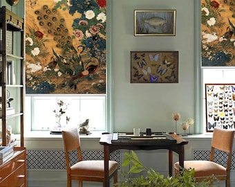 Peacock and floral traditional Chinoiserie art custom made printed window or french door (ETHN31) roller blind regular & blackout shade