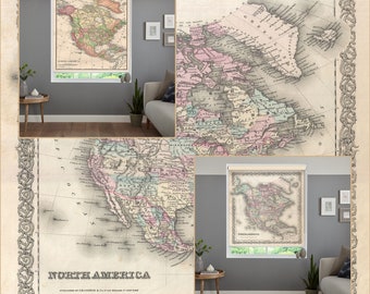 Vintage map of North America 2 colorful versions (MP15) custom made printed window roller blind regular or blackout shade, chain or cordless