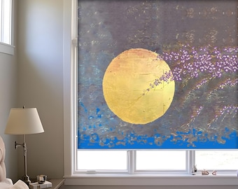 Estor enrollable para ventana hecho a medida (JP-23) con estampado de grabado en madera japonés con diseño de luna llena de primavera, normal o opaco, con cadena o sin cordón.