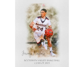 May include: A watercolor illustration of a basketball player dribbling the ball. The player is wearing a white and red jersey with the word "Maverick" and the number "24" on it. The text "Jeremy Masters" is written below the player, along with the text "Boothwyn Varsity Basketball Class of 2023".