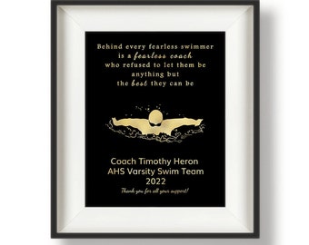 Swim Coach Gift, Gifts for Swim Coaches, Swim Coach Gift Ideas, Personalized Coaches Gifts, Swim Team Gift Idea, 8 x 10, Fearless Coach