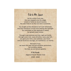 Personalized Drama Teacher Gift,  Custom Theater Director Poem Print, End of Season Drama Teacher Appreciation, Custom Cast Gift
