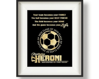 May include: Gold and black framed print with a soccer ball graphic and the text "Your team becomes your FAMILY The ball becomes your BEST FRIEND The field becomes your HOME And the game becomes your Life CLASS OF 2020 CLASS OF 2020 CLASS OF 2020 Christopher HERONI 2020 EDGEWOOD HIGH VARSITY SOCCER".