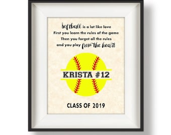 Softball Quote - Personalized Softball Team Gift - Softball Gifts for Players - Senior Night Gift -  Monogram Softball - Play From the Heart