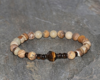 Picture Jasper and Tiger's Eye Bracelet Handmade 6mm Picture Jasper 7mm Faceted Bead 4x2mm Tiger Eye Rondelle Beads Beaded Gemstone Bracelet