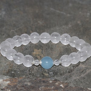 8mm Snow Clear Quartz Crystal and 8.5mm Aquamarine Bracelet 4mm Faceted Topaz Wrist Mala Beads Yoga Meditation Jewelry Sterling Silver 925